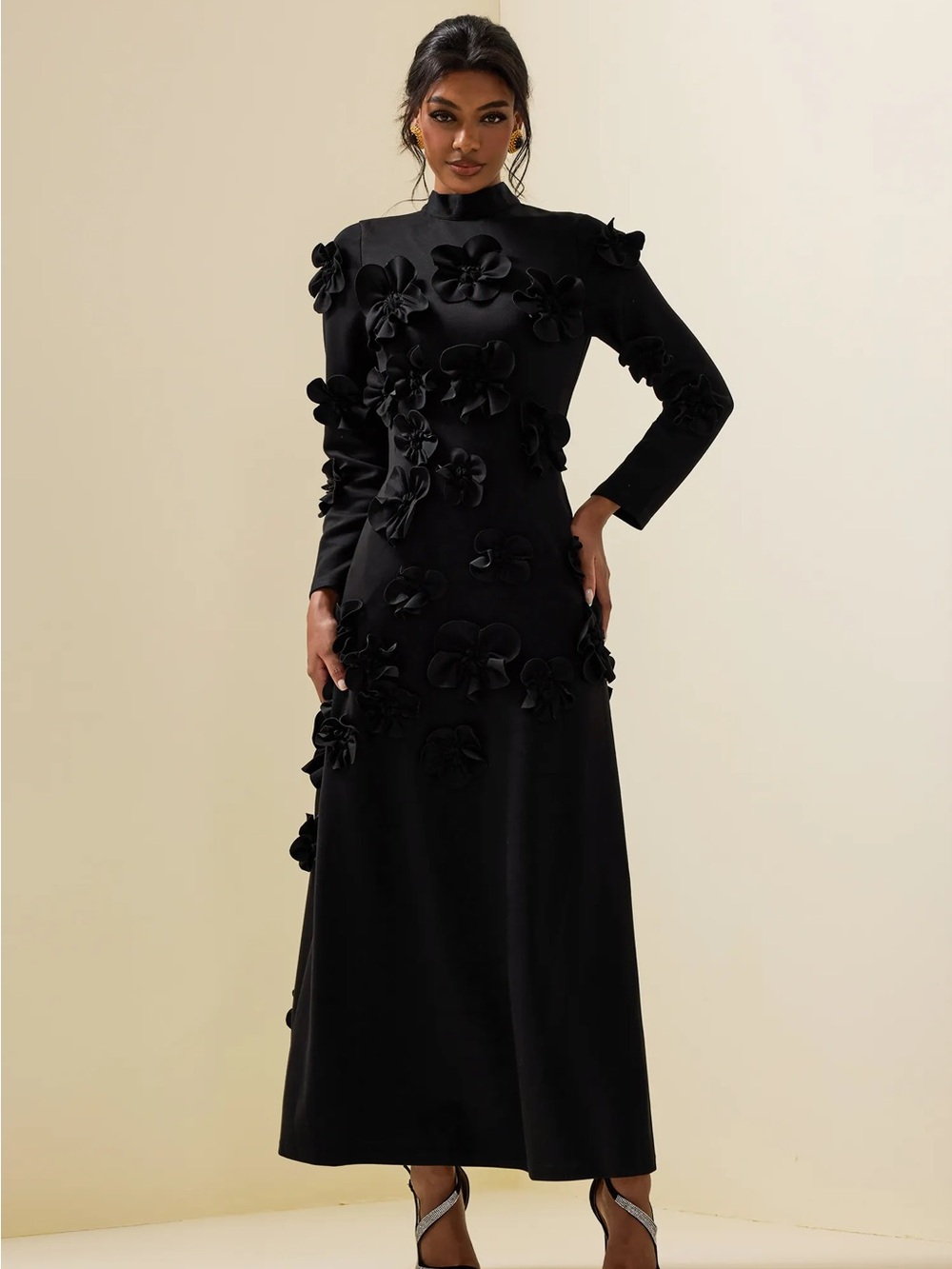 Source Unknown Black Long-Sleeve Floral 3D Appliqué Dress